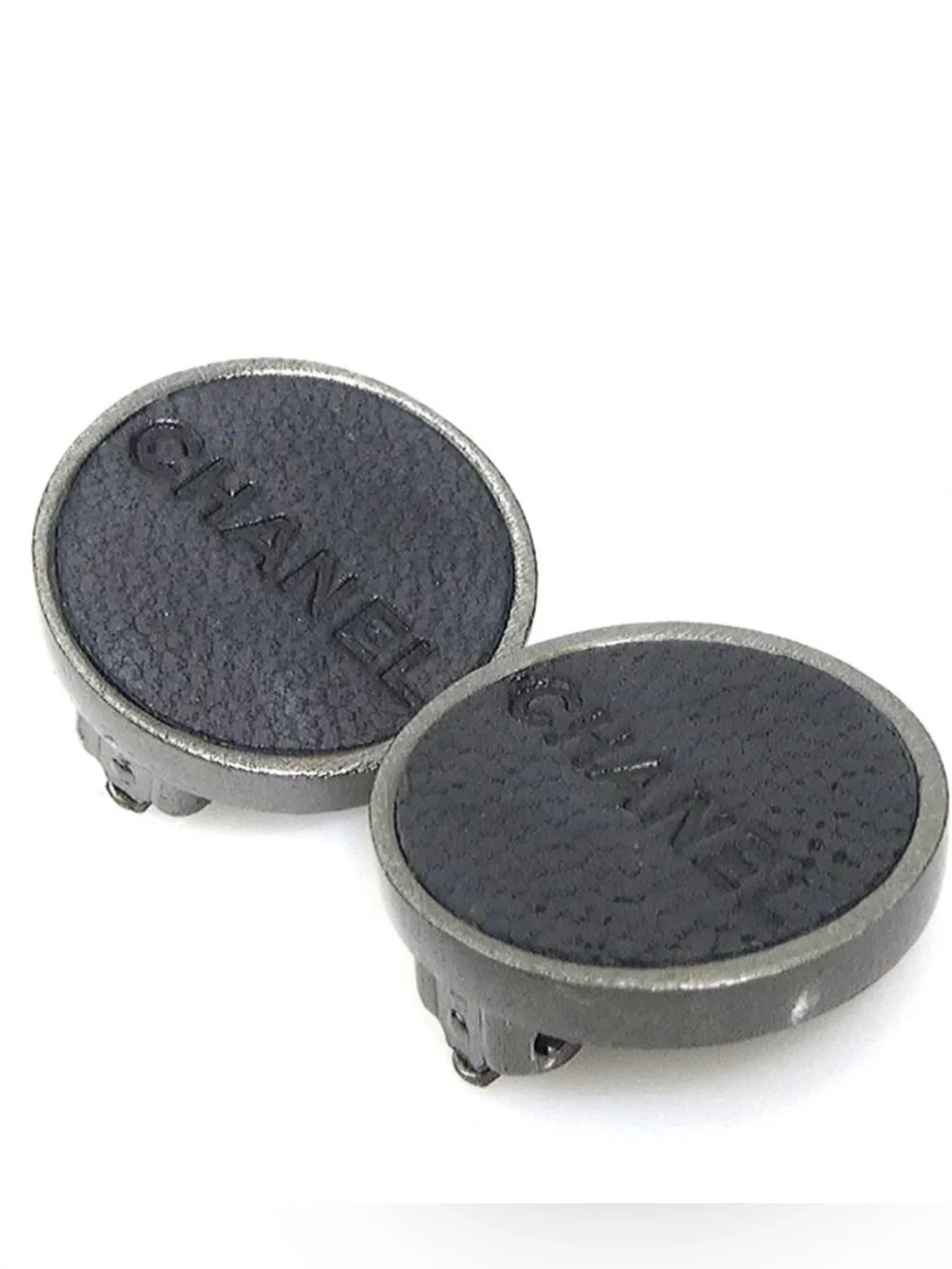 CHANEL Black Embossed Leather Round Clip-On Earrings